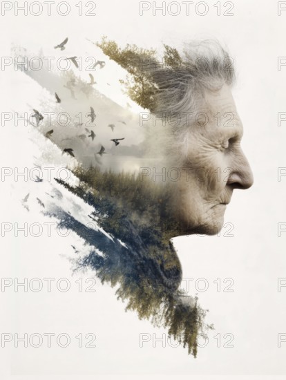 Double exposure of an elderly woman and decaying parts of a landscape, symbolic image for memory
