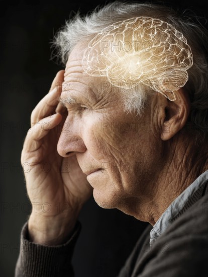 Elderly man with memory loss, digital brain overlay, symbolic image for neurological disease,