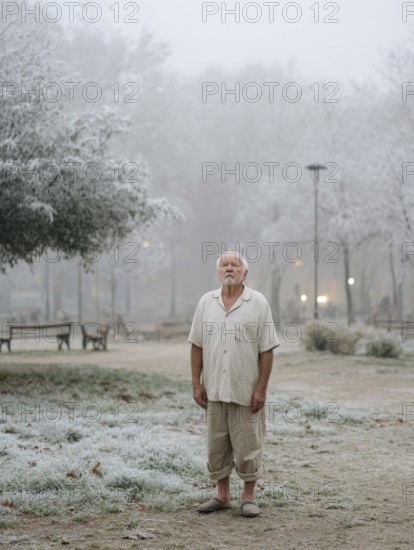 An elderly man in pyjamas stands in a cold, wintry environment, looking confused, helpless and