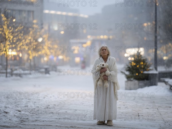 An elderly woman in a nightgown stands with her teddy bear in a cold, wintry environment, looking