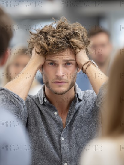 A young man with his hands to his ears, annoyed by an argument or noise in the background,
