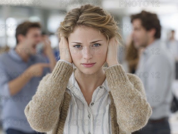 A young woman with her hands to her ears, annoyed by an argument or noise in the background,
