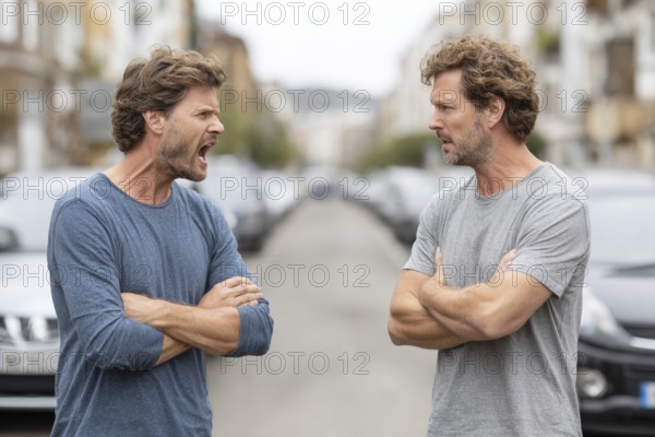 Two angry men arguing in the street, possibly triggered by a road traffic incident, symbolic image
