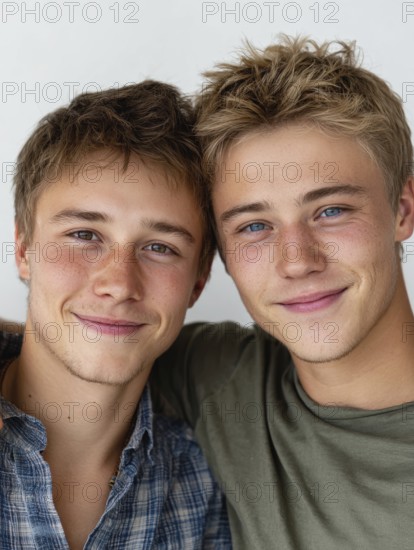 Two smiling young men in casual clothes pose in a friendly manner against a wall, symbolising