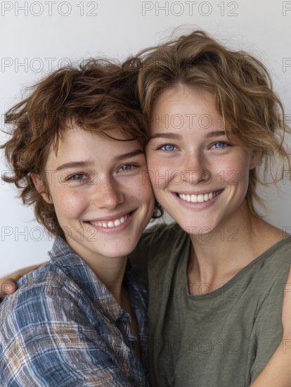 Two smiling woman in casual clothes pose friendly on a wall, symbolic image for same-sex