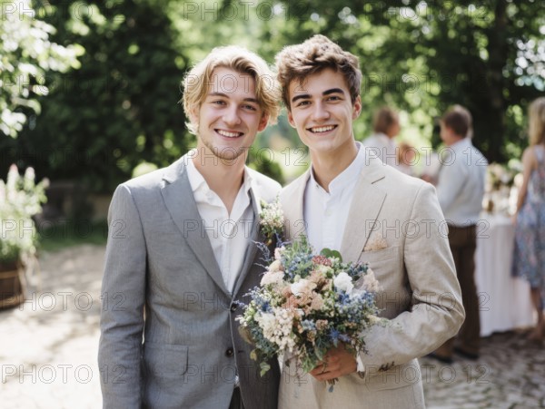 A same-sex couple in a suit, one kissing the other on the cheek, surrounded by guests outdoors,