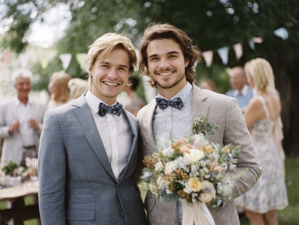 A male couple in a suit, one kissing the other on the cheek, surrounded by guests outdoors,