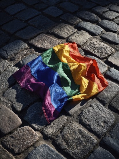 A rainbow flag lies on cobblestones in the sun, surrounded by shadows, symbolising equality,