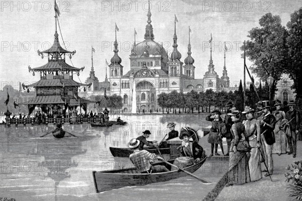 The car park at Hollersee in Bremen's Bürgerpark, 1880, Germany, Historical, authentic, digitally