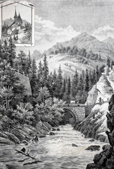 Bridge over the Anterior Rhine near Disentis in 1890, Graubünden, Switzerland, Historic, authentic,