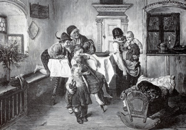 Living scene, the dachshund has made itself comfortable in the baby cradle and is surprised by the