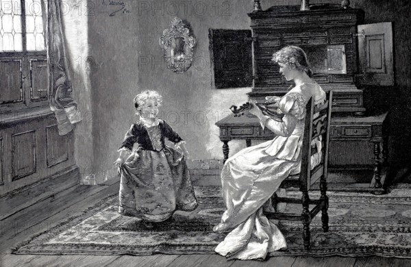 The little sister's first dance lesson, Young woman playing a mandolin, girl practising her first