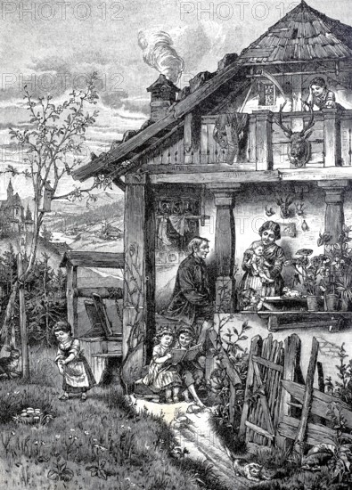 Easter in the forester's house, family idyll, parents and children, child looking for Easter eggs,