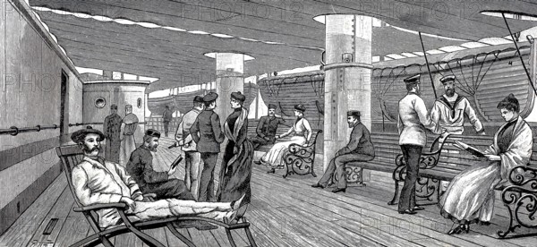 Pictures of a luxurious ocean fast steamer around 1890, promenade deck, ship Columbia of the