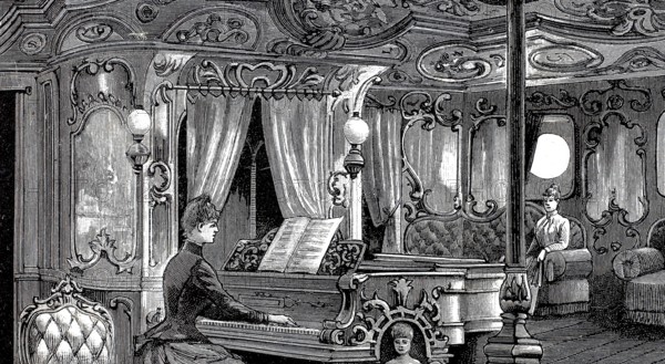 Pictures of a luxurious ocean fast steamer around 1890, music hall, ship Columbia of the