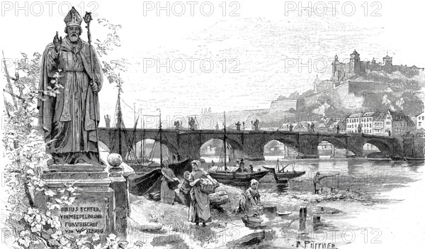 The old Main bridge in Würzburg around 1890, Lower Franconia, Bavaria, Germany, Historical,