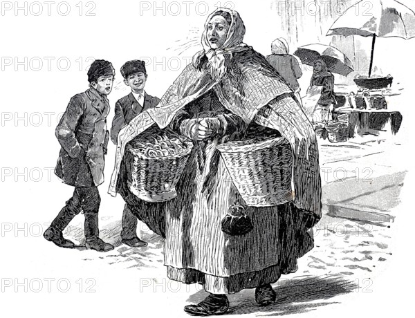Pretzel seller, baker's woman with two baskets of fresh pretzels at the market, 1880, Germany,