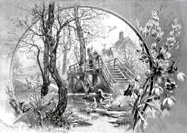 Symbolic photo for spring, with blossoms, ducks and two children standing on a wooden bridge,