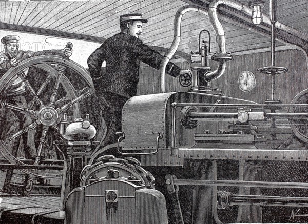 Pictures of a luxurious ocean fast steamer around 1890, steam steering apparatus, ship Columbia of
