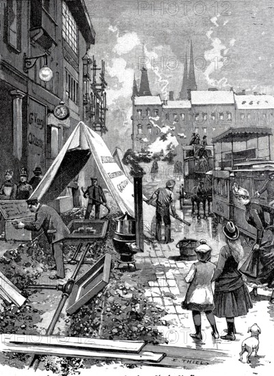 Electricity, Laying cables in the street, 1890, Berlin, Germany, Historical, authentic, digitally