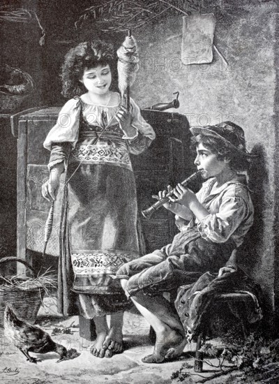 In the farmhouse parlour the boy is practising the flute while the girl is spinning yarn, rural