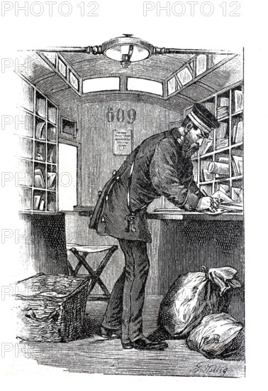 Employee in the Berlin street mail service sorting letters, postman, post office, 1890, Germany,
