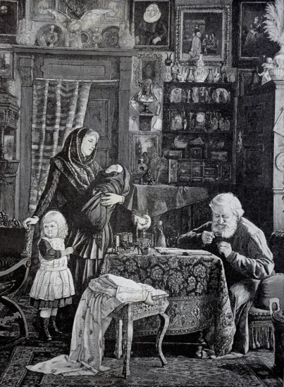 The last jewel, old man, collector of antiques, looking at something through a magnifying glass,