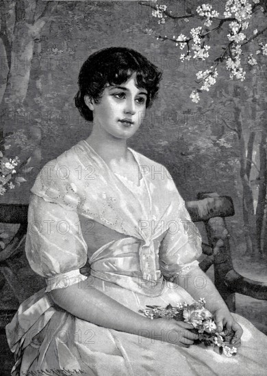 Spring dream, young girl with a bouquet of flowers on her lap, dreamy, melancholic mood, after a