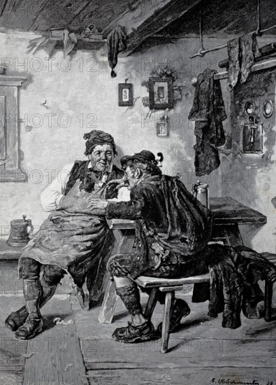 Two farmers chatting in the parlour, one talking pompously to the other, rural scene from the