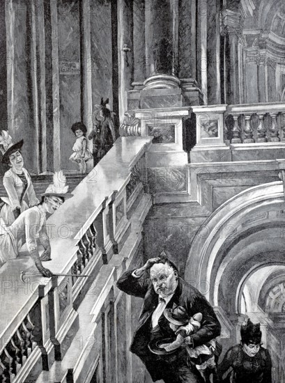 On the way to the gallery, fat man carrying a small child up the stairs and sweating, 1880,