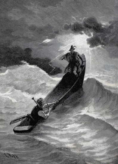 Thurnhammer takes a boat out to sea in a storm, high waves, risk, 1880, Historical, authentic,