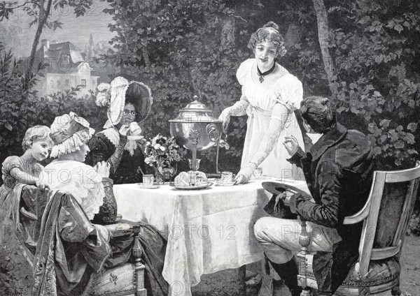 Distinguished company at a coffee table in the garden, 1890, Historical, authentic, digitally