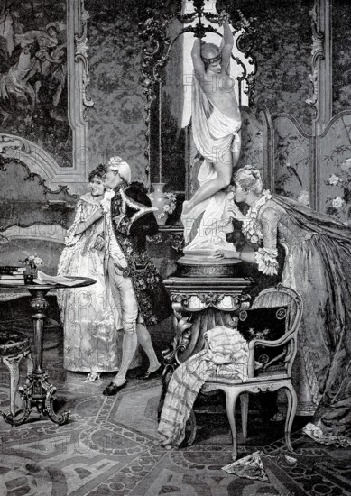 The Jealous, Hidden behind a statue, a woman watches a couple walking through an elegant room,