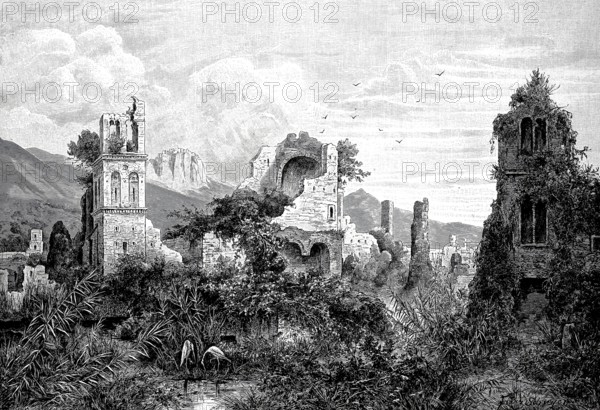 Ruins in the Giardino di Ninfa, a park and English garden in the territory of the municipality of