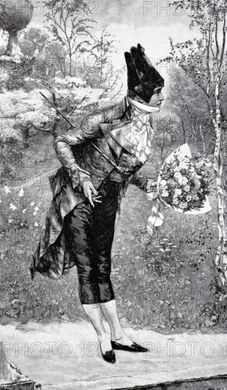 Young man bowing with a large bouquet of flowers, 1800, Historical, authentic, digitally restored