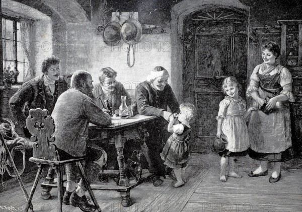 The first wine tasting, toddler gets alcohol to taste in an inn, mother and older sister look on