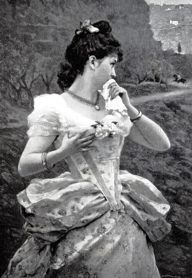 The last greeting, young woman looks sadly after her lover, who is travelling on horseback.