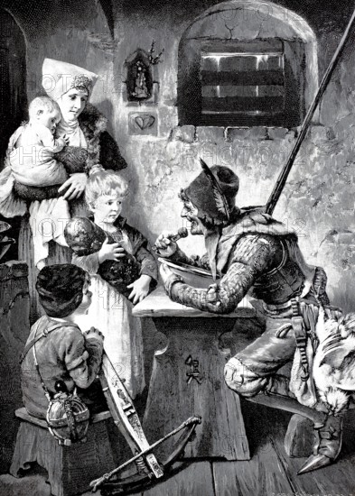 Hungry guest, quartered lansquenet eating in the farmhouse, tells the children history. One of the