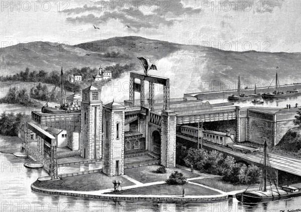 Hydraulic boat lift Les Fontinettes, connecting the river Aa with the Canal de Neuffosse, 1880,