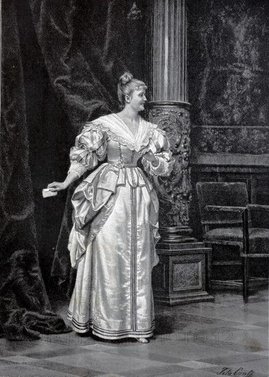 Secret correspondence, distinguished lady passes a letter secretly through a curtain to the back,