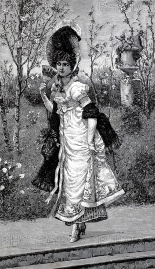 Elegant young lady walking through the park, around 1800, Historical, authentic, digitally restored