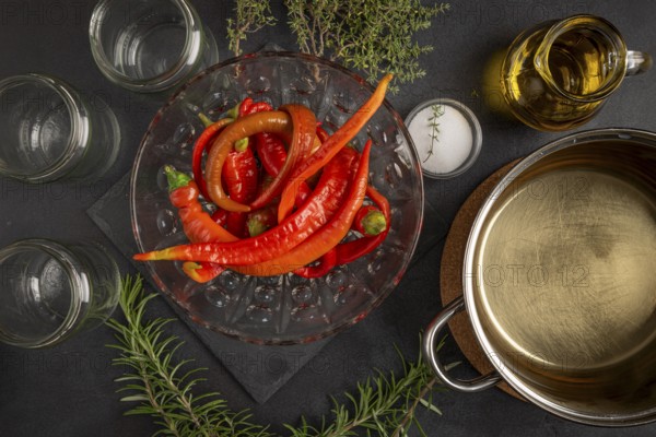 Hot peppers with empty jars, herbs and cooking pot on a dark table