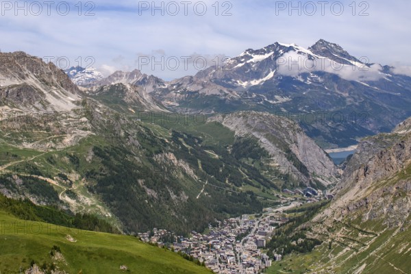View in summer from pass road from to Col de l'Iseran l' Iseran to bottom of picture place winter