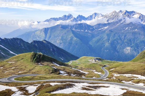 View to the south from Hochtor pass summit of Grossglockner High Alpine Road to high plateau with