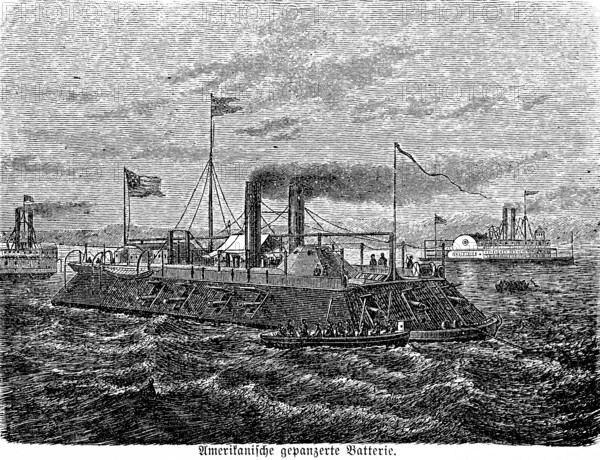 American armoured battery, various armoured ships, warships, steamships, paddle steamer, fleet, at