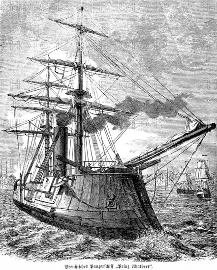 Prussian armoured ship Prinz Adalbert, warship, steamship, two-master, weapons, cannons, at sea,