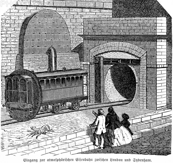 Entrance to the atmospheric railway between London and Sydenham, English engineers Clegg and