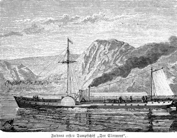 Fulton's first steamboat The Clermont on the Hudson River between New York and Albany, paddle