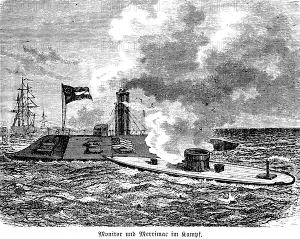 Tower ship screen and the Merrimac in battle, naval battle, US flag, armoured warships, swell,