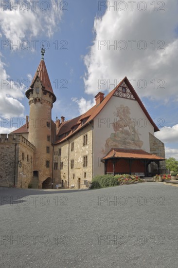 Tower and building with mural painting, courtyard, Renaissance, castle, Veste Heldburg, Heldburg,